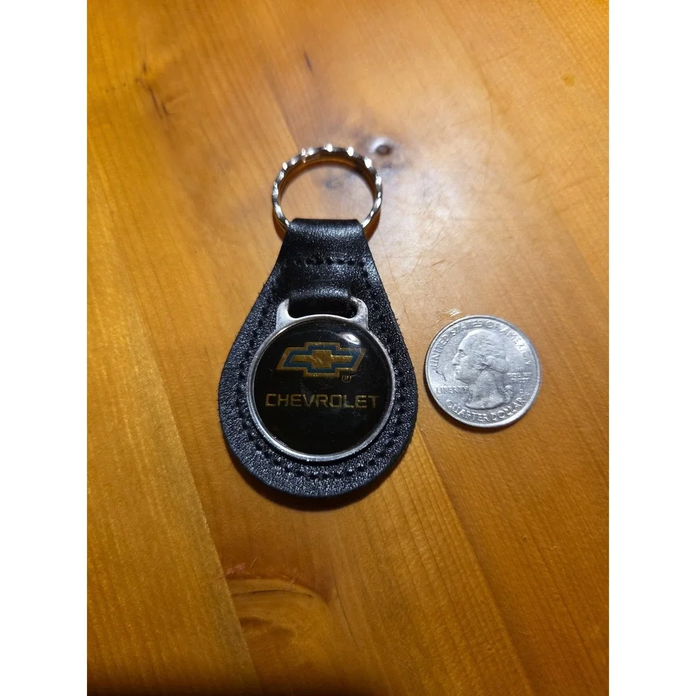 Vtg 1980s Chevy Bowtie Leather Keychain Chevrolet Key Ring